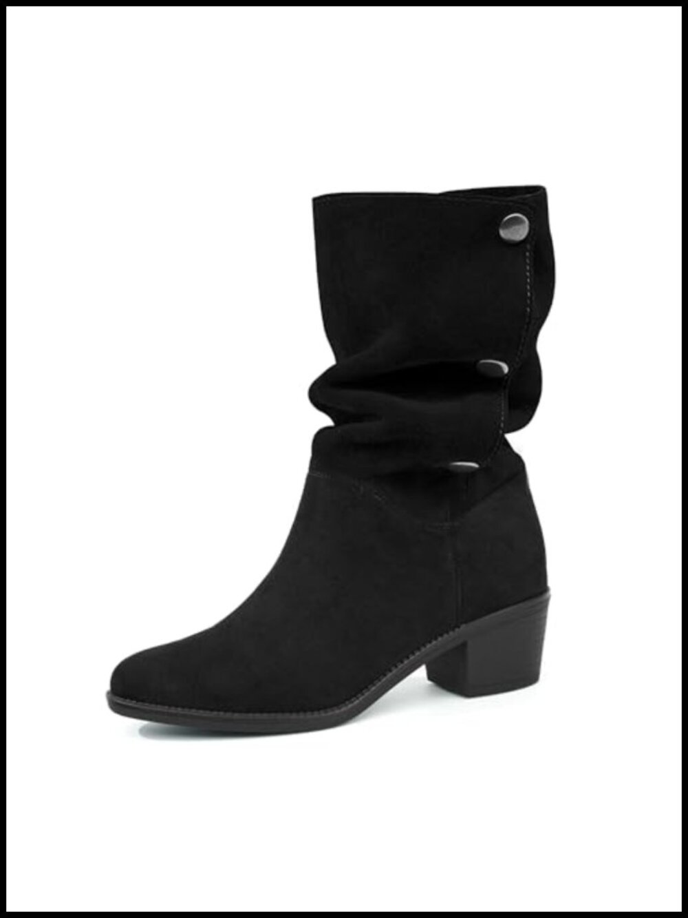 Suede Mid-Calf Boots 3-Way Fold-Over Chunky Block Heel Pointed Toe